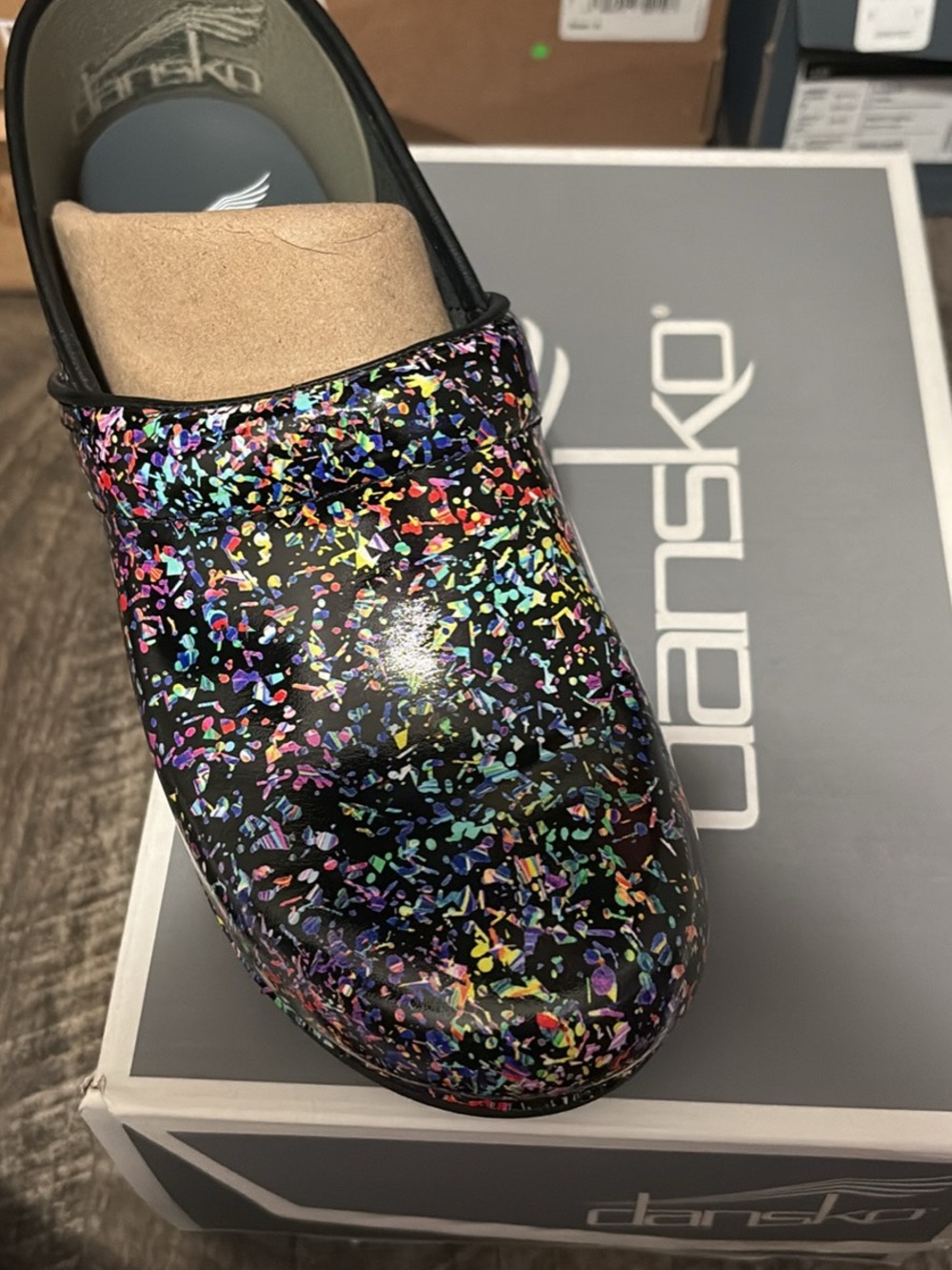 Dansko Black Multicolor Confetti Patent Clog
